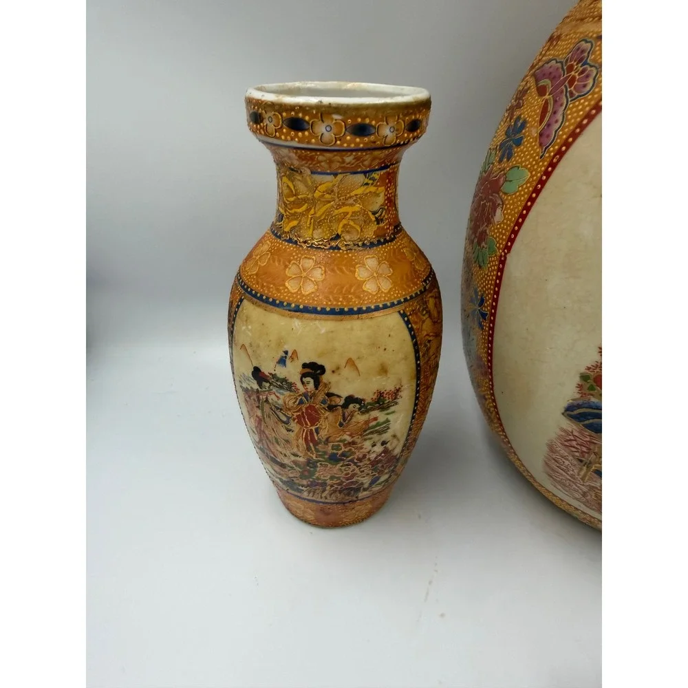 Vintage Satsuma Style Porcelain Set Geisha Vases Decorative Egg Ashtray 4pc